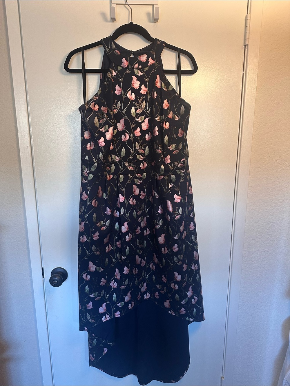 Navy blue Floral High-Low Halter Dress with Pink Floral Print